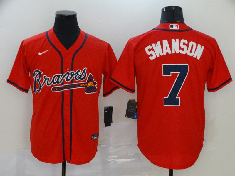 Men Atlanta Braves #7 Swanson Red Nike Game MLB Jerseys